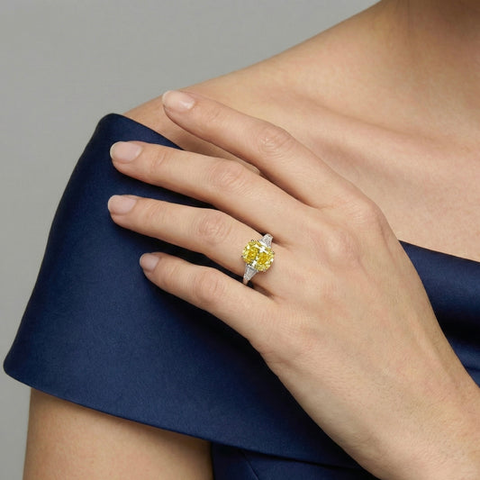 Oval Yellow Lab-Grown Diamond Three-Stone Engagement Ring with Tapered Baguettes in 14k White Gold - Colored Diamond