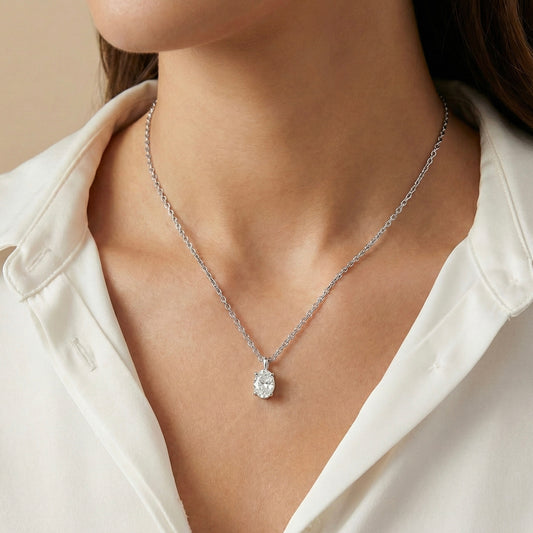 Oval-Cut Lab-Grown Diamond Solitaire Pendant in 14k White Gold