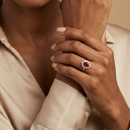 Oval Lab-Grown Ruby and Lab-Grown Diamond Starburst Halo Ring in 14k White Gold