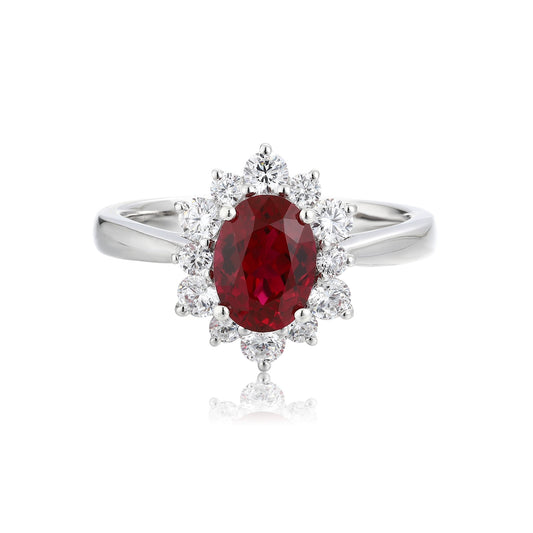 Oval Lab-Grown Ruby and Lab-Grown Diamond Starburst Halo Ring in 14k White Gold