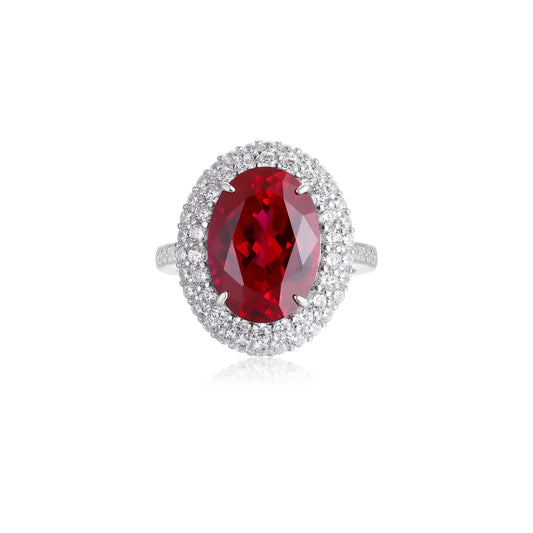 Oval Lab-Grown Ruby Double Halo Ring with Pavé Band in 14k White Gold