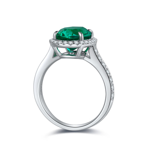 Oval Lab-Grown Emerald Halo Ring with Pavé Band in 14 White Gold