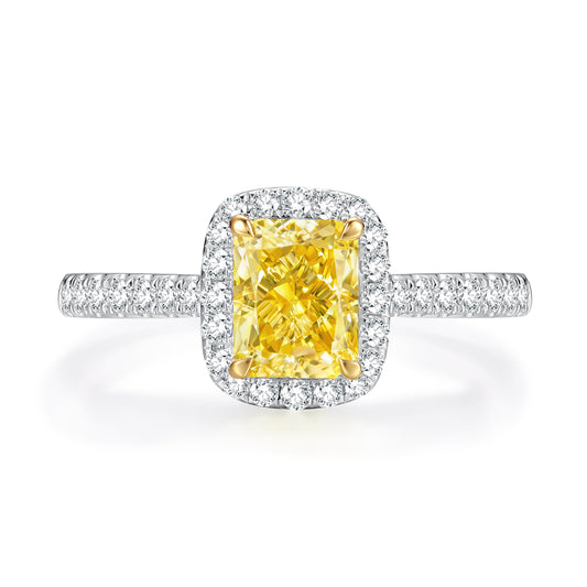Radiant-Cut Yellow Lab-Grown Diamond Halo Engagement Ring with Pavé Band in 14k White Gold - Colored Diamond