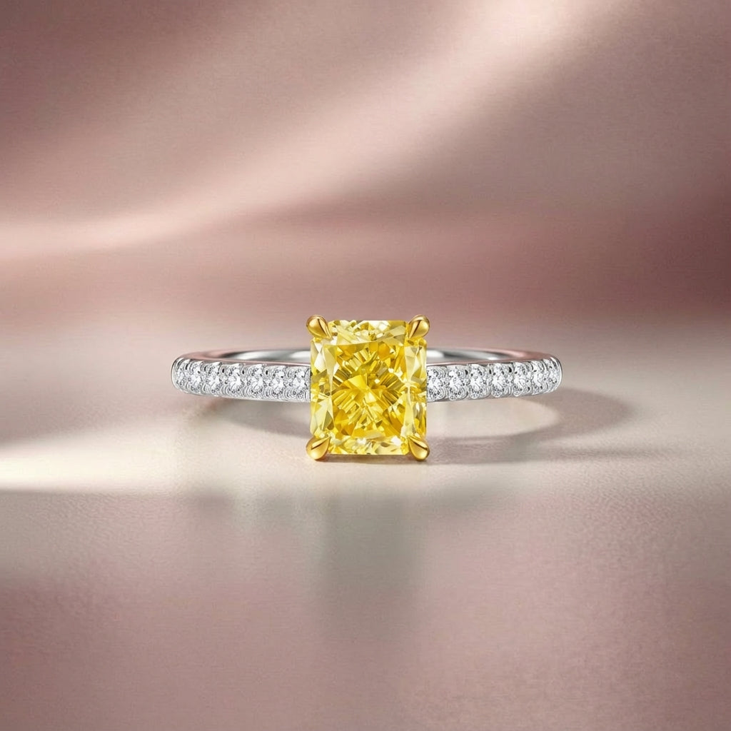 Radiant-Cut Yellow Lab-Grown Diamond Pavé Engagement Ring in 14k White Gold - Colored Diamond