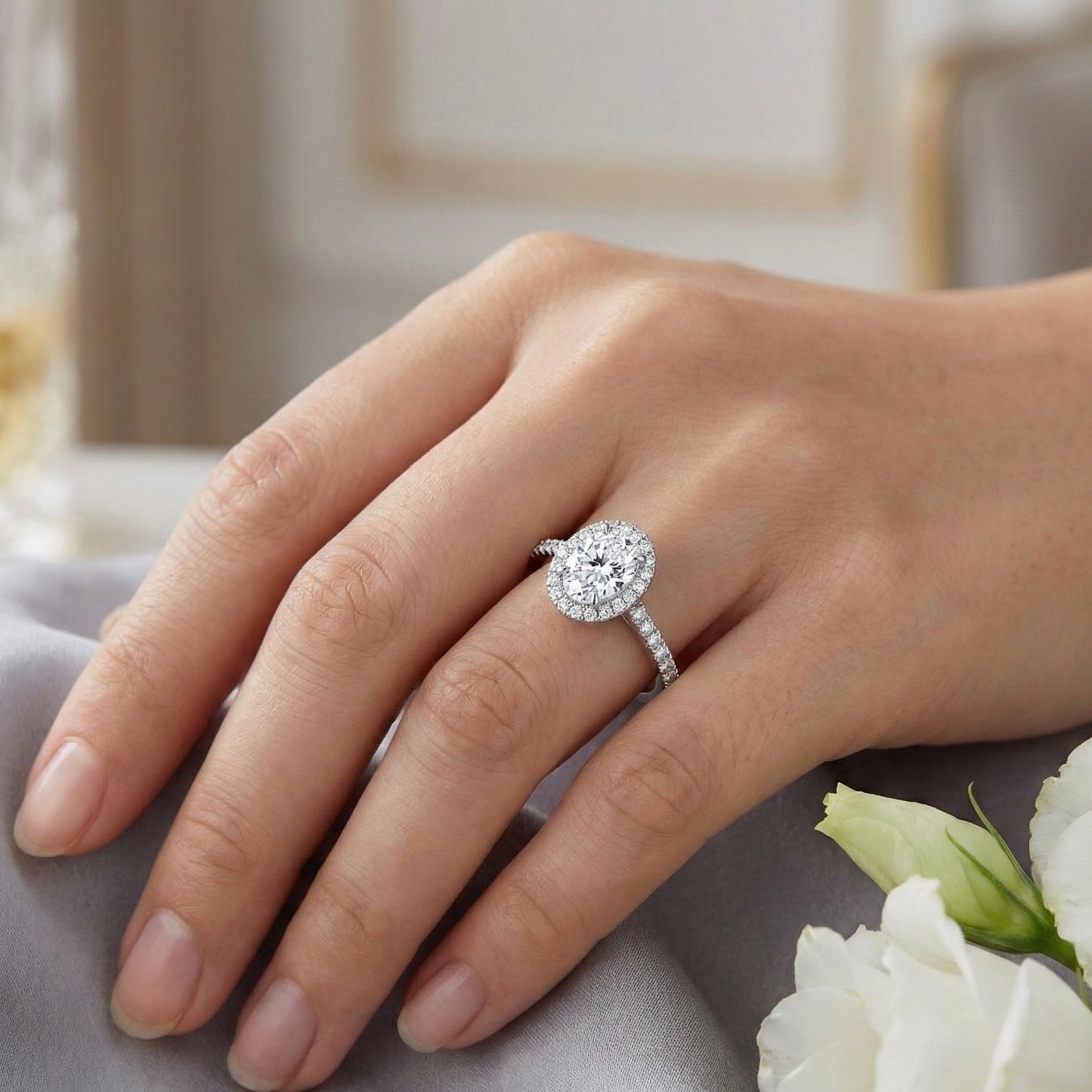 Oval Halo Pavé Lab-Grown Diamond Engagement Ring in 14k White Gold