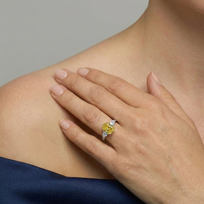 Oval Yellow Lab-Grown Diamond Three-Stone Engagement Ring with Pear-Shape Side Stones in 14k White Gold - Colored Diamond