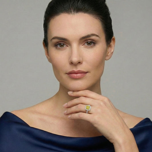 Radiant-Cut Yellow Lab-Grown Diamond Halo Engagement Ring with Pavé Band in 14k White Gold - Colored Diamond