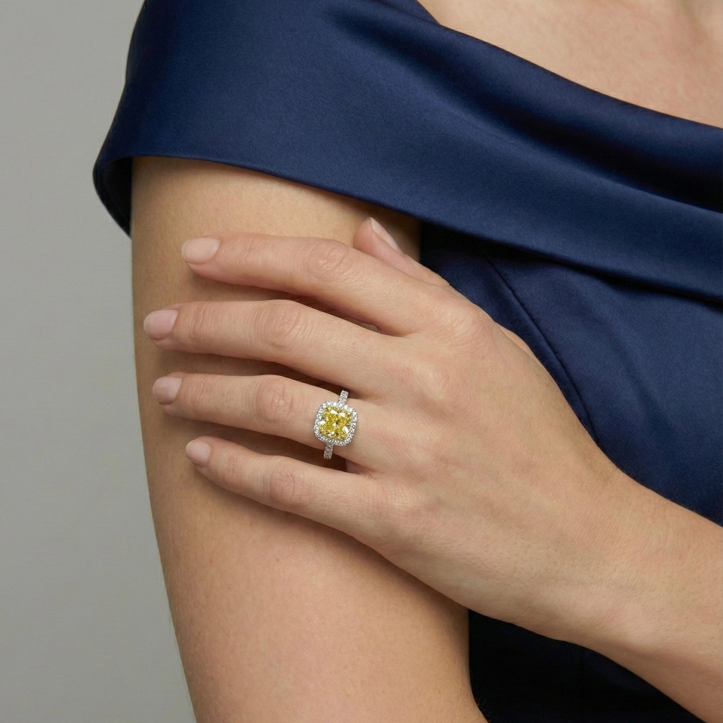 Radiant-Cut Yellow Lab-Grown Diamond Halo Engagement Ring with Pavé Band in 14k White Gold - Colored Diamond