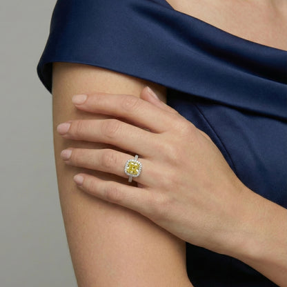 Radiant-Cut Yellow Lab-Grown Diamond Halo Engagement Ring with Pavé Band in 14k White Gold - Colored Diamond