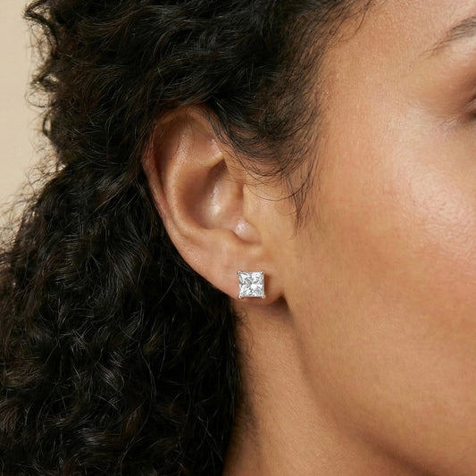 Four-Prong Princess-Cut Lab-Grown Diamond Stud Earrings in 14k White Gold
