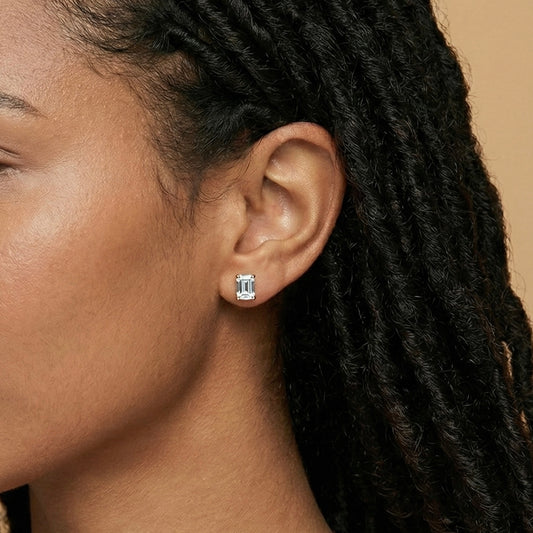 Four Prongs Emerald-Cut Lab-Grown Diamond Stud Earrings in 14k Yellow Gold