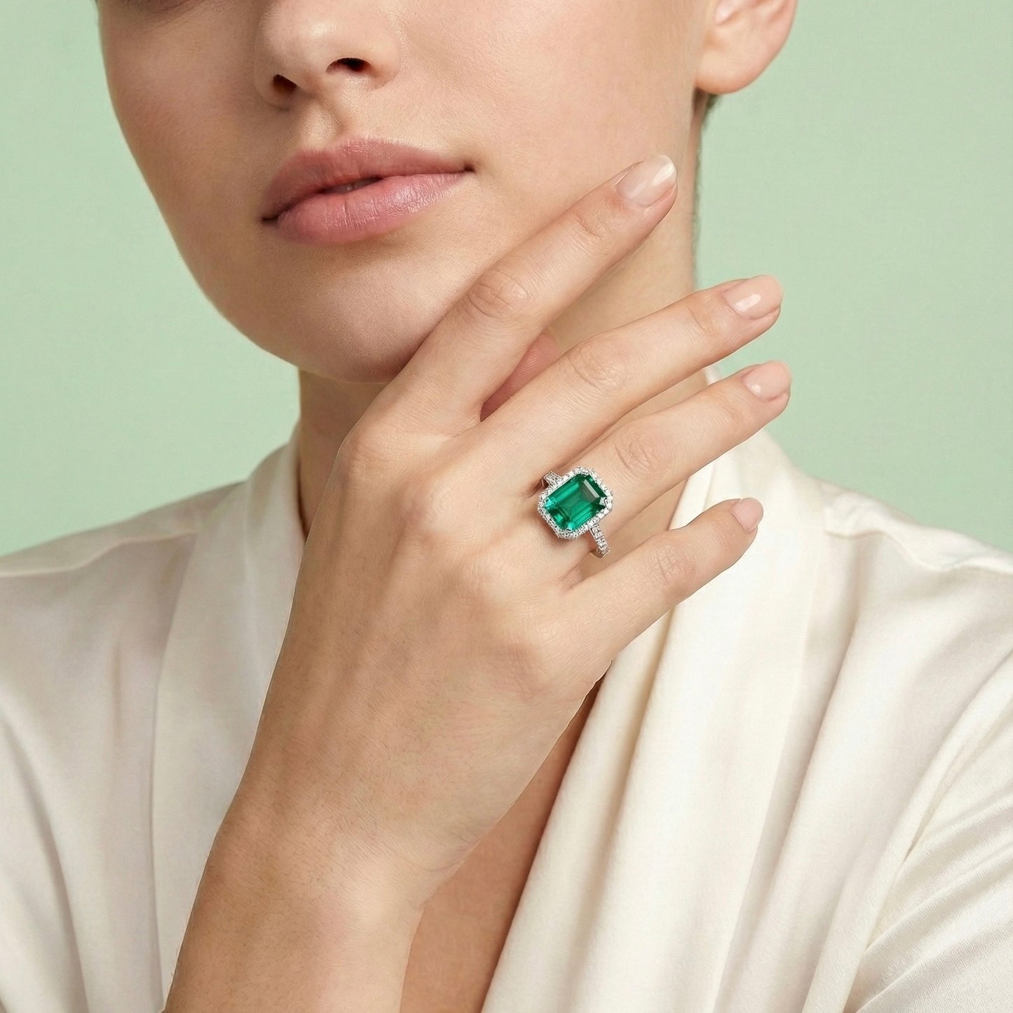 Oval Lab-Grown Emerald Halo Ring with Pavé Band in 14 White Gold