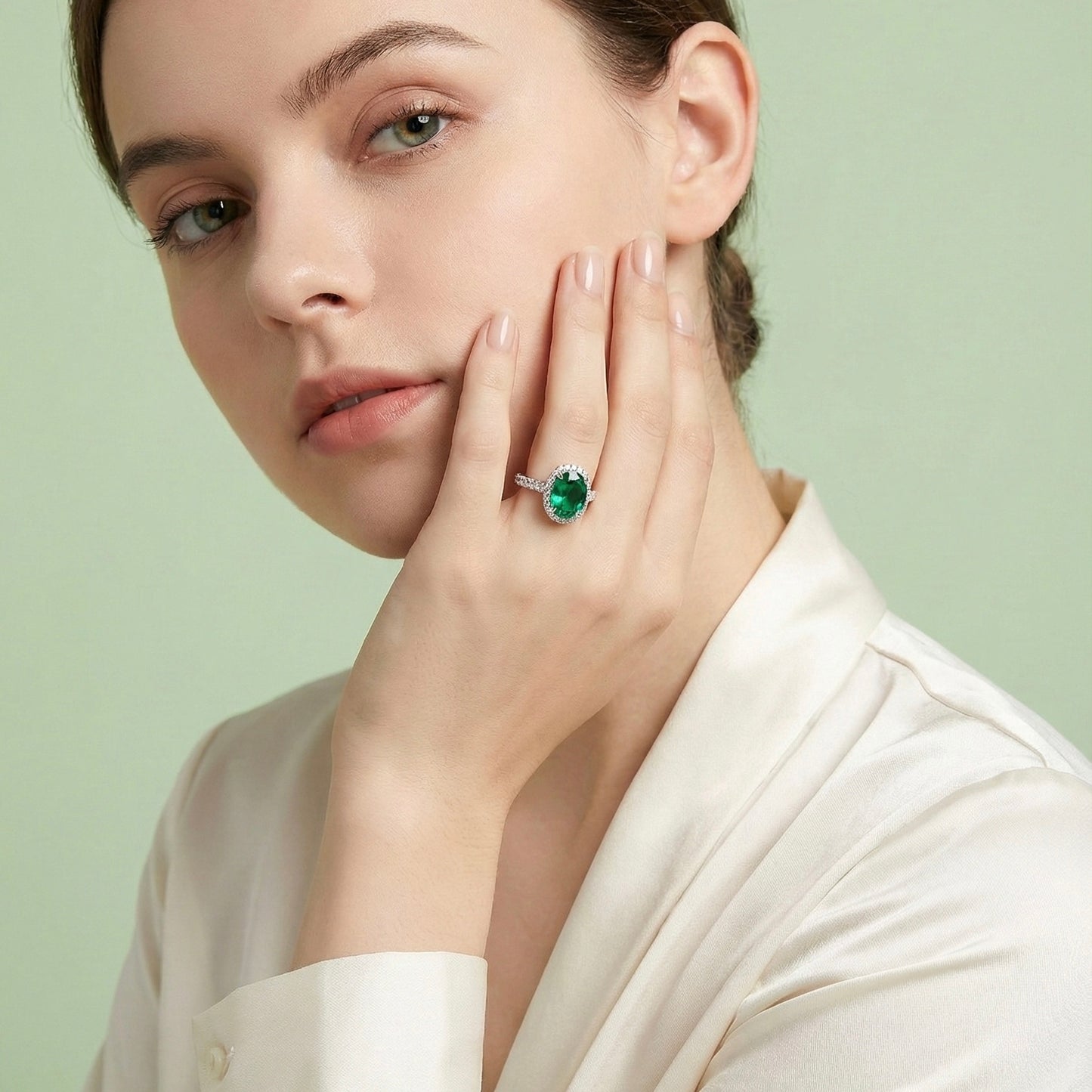 Oval Lab-Grown Emerald Halo Ring with Pavé Band in 14 White Gold
