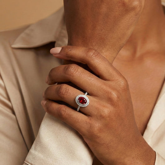 Oval Lab-Grown Ruby Double Halo Ring with Pavé Band in 14k White Gold