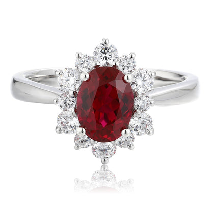 Oval Lab-Grown Ruby and Lab-Grown Diamond Starburst Halo Ring in 14k White Gold