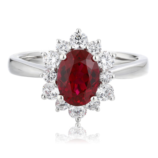 Oval Lab-Grown Ruby and Lab-Grown Diamond Starburst Halo Ring in 14k White Gold