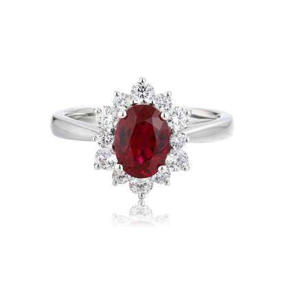 Oval Lab-Grown Ruby and Lab-Grown Diamond Starburst Halo Ring in 14k White Gold
