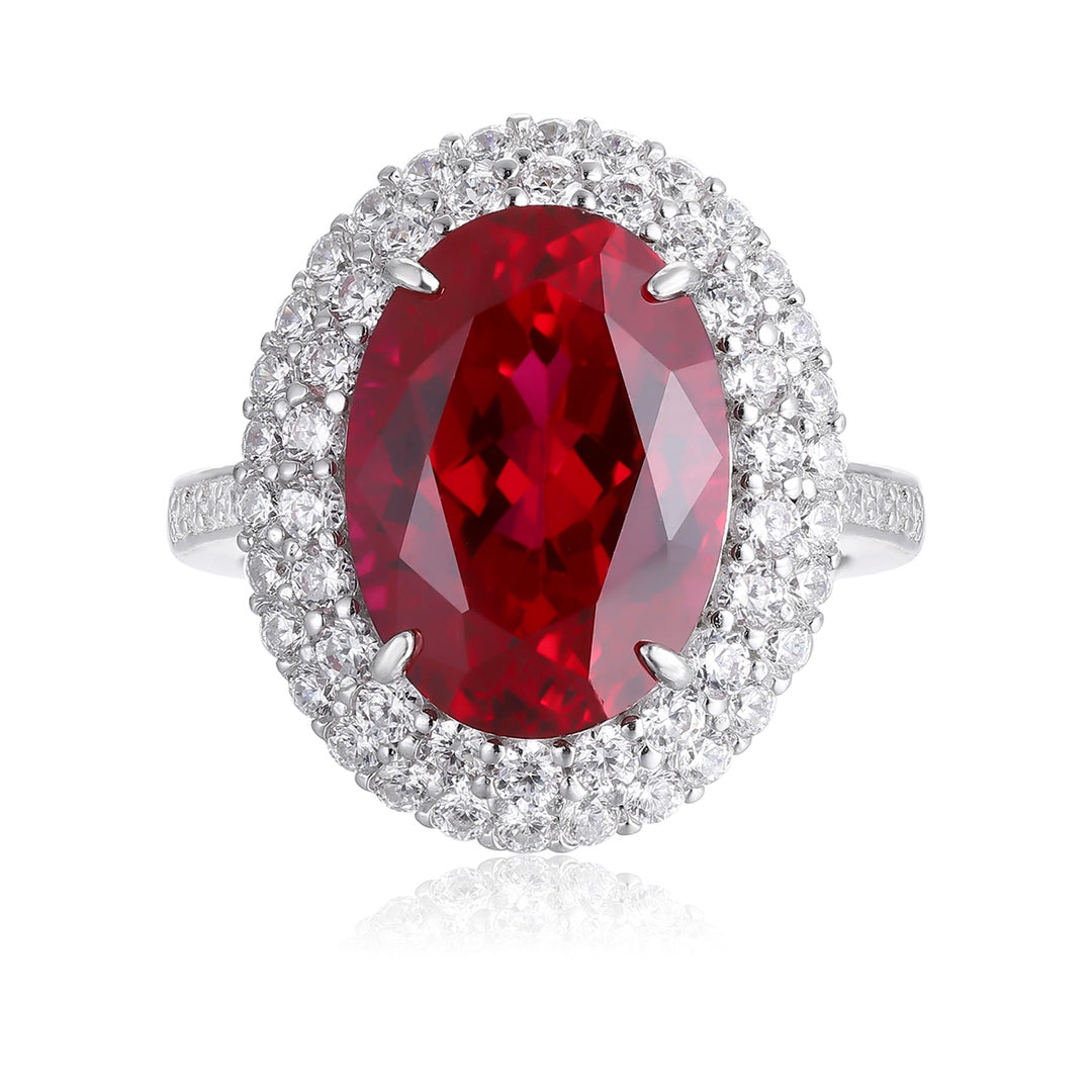 Oval Lab-Grown Ruby Double Halo Ring with Pavé Band in 14k White Gold