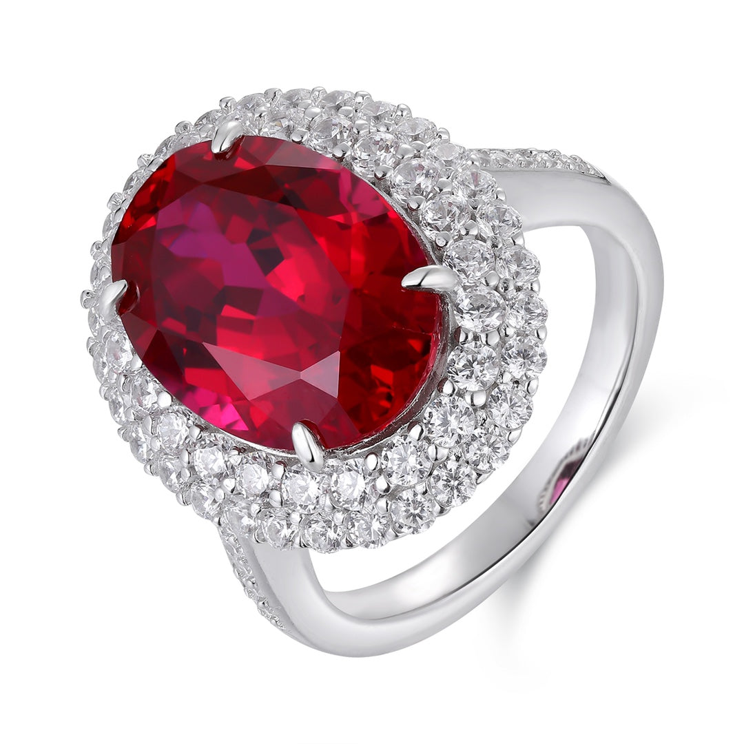 Oval Lab-Grown Ruby Double Halo Ring with Pavé Band in 14k White Gold