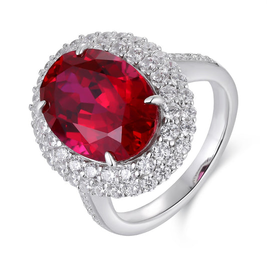 Oval Lab-Grown Ruby Double Halo Ring with Pavé Band in 14k White Gold