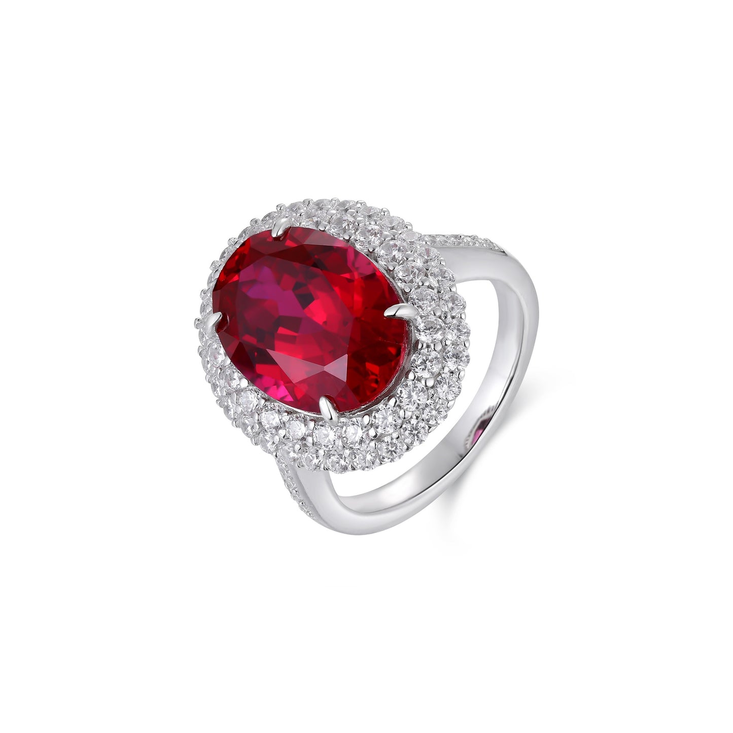 Oval Lab-Grown Ruby Double Halo Ring with Pavé Band in 14k White Gold