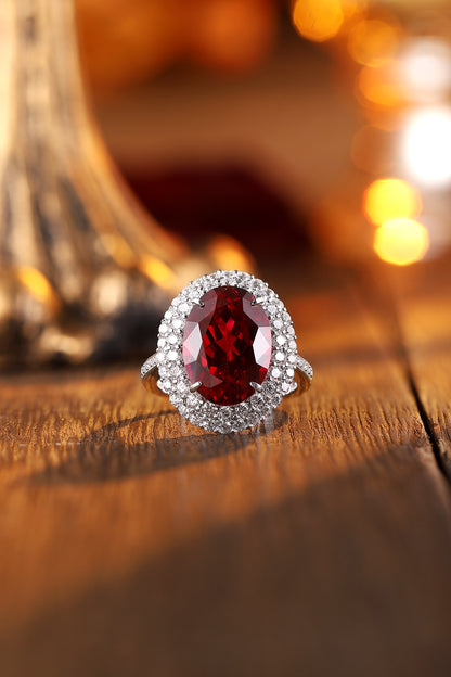 Oval Lab-Grown Ruby Double Halo Ring with Pavé Band in 14k White Gold