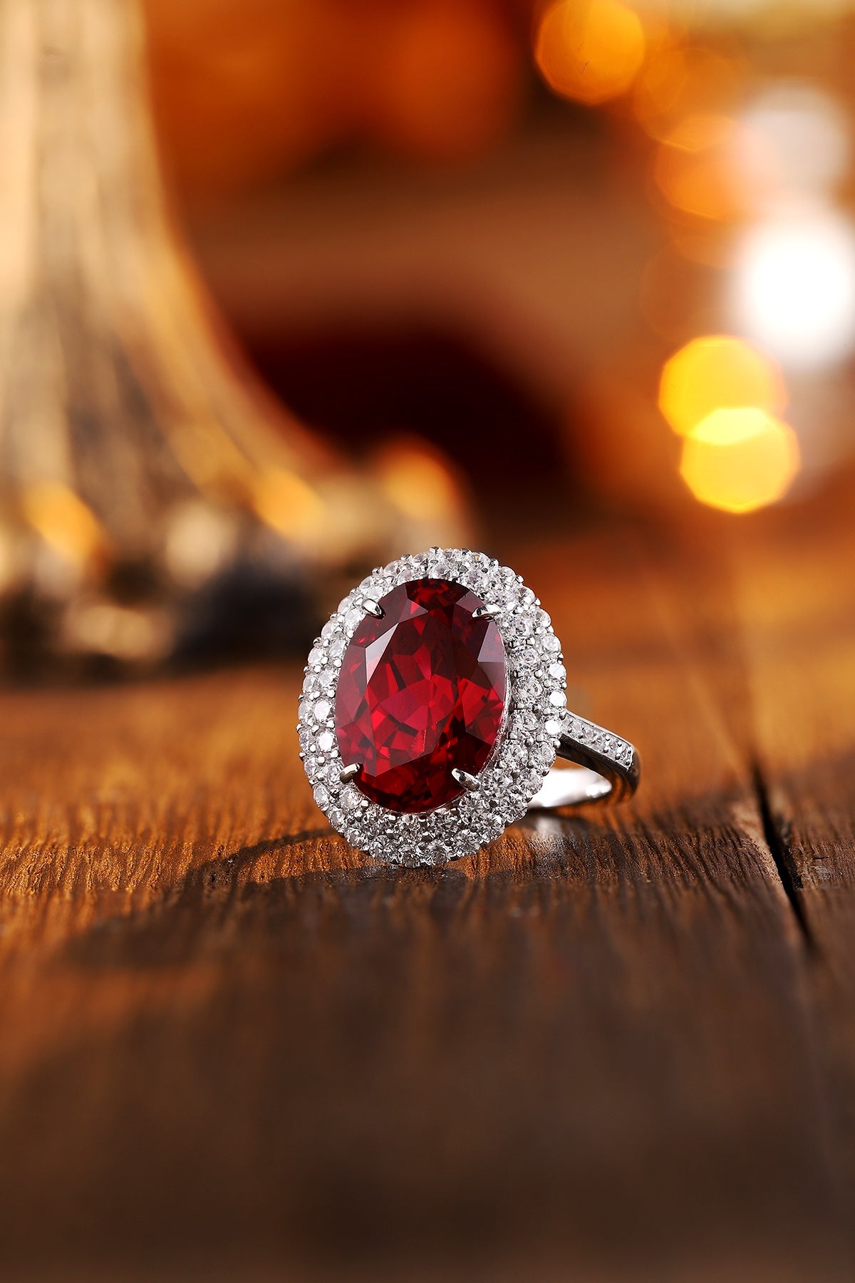 Oval Lab-Grown Ruby Double Halo Ring with Pavé Band in 14k White Gold