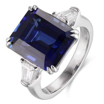 Emerald-Cut Lab-Grown Sapphire Three-Stone Ring with Tapered Baguette Lab-Grown Diamonds in 14k White Gold