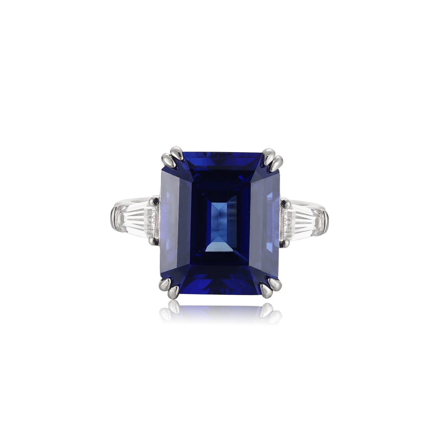 Emerald-Cut Lab-Grown Sapphire Three-Stone Ring with Tapered Baguette Lab-Grown Diamonds in 14k White Gold
