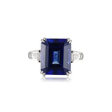 Emerald-Cut Lab-Grown Sapphire Three-Stone Ring with Tapered Baguette Lab-Grown Diamonds in 14k White Gold