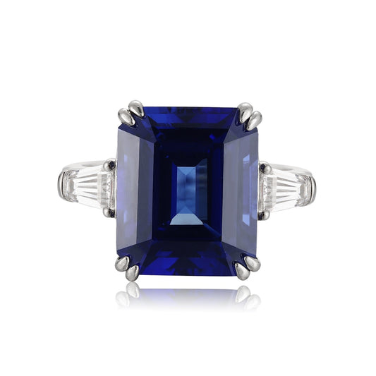 Emerald-Cut Lab-Grown Sapphire Three-Stone Ring with Tapered Baguette Lab-Grown Diamonds in 14k White Gold