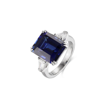 Emerald-Cut Lab-Grown Sapphire Three-Stone Ring with Tapered Baguette Lab-Grown Diamonds in 14k White Gold