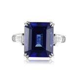 Emerald-Cut Lab-Grown Sapphire Three-Stone Ring with Tapered Baguette Lab-Grown Diamonds in 14k White Gold