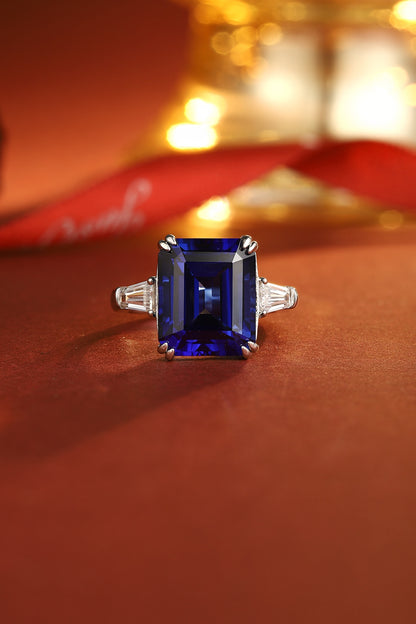 Emerald-Cut Lab-Grown Sapphire Three-Stone Ring with Tapered Baguette Lab-Grown Diamonds in 14k White Gold