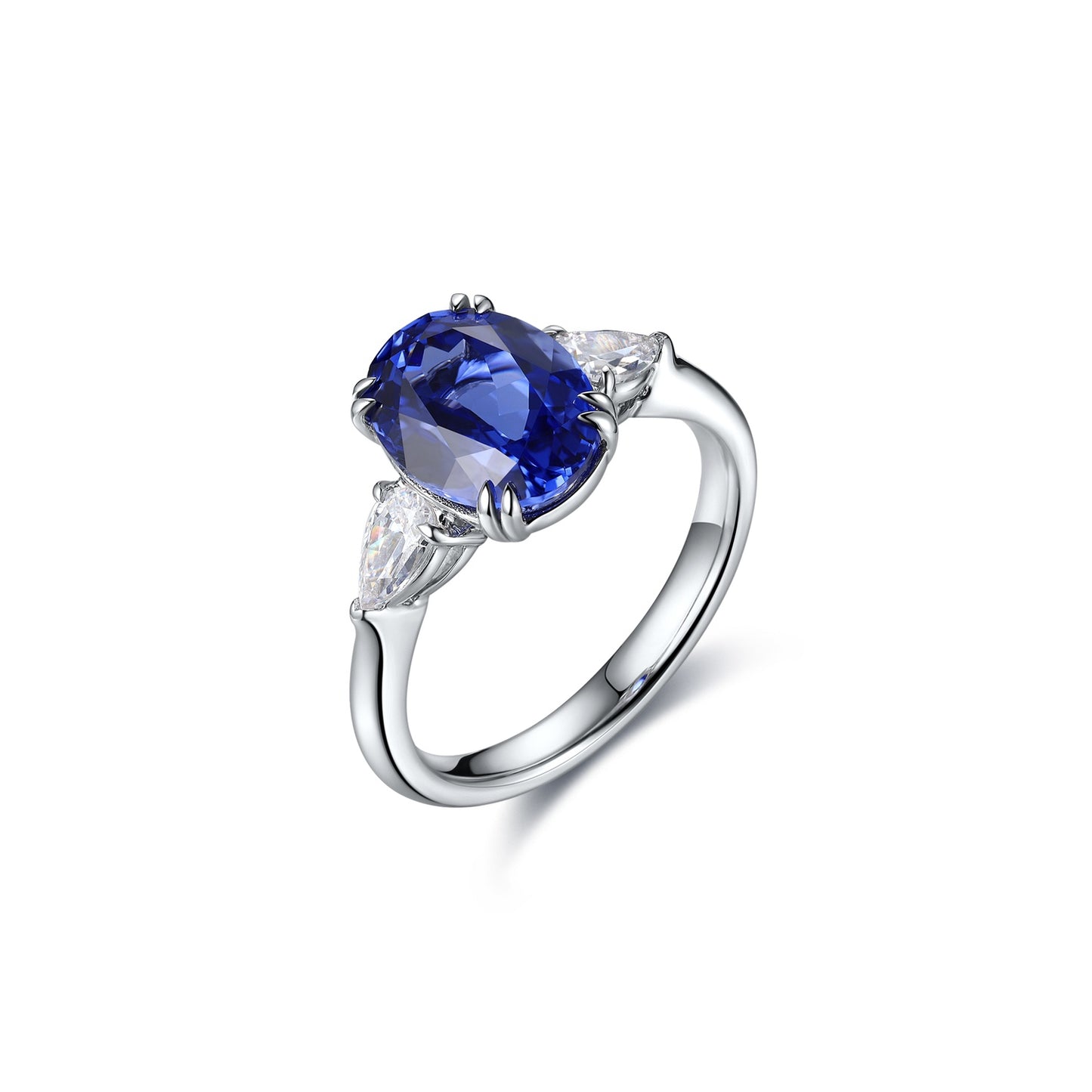 Oval Lab-Grown Sapphire Three-Stone Ring with Pear-Shape Lab-Grown Diamonds in 14 White Gold
