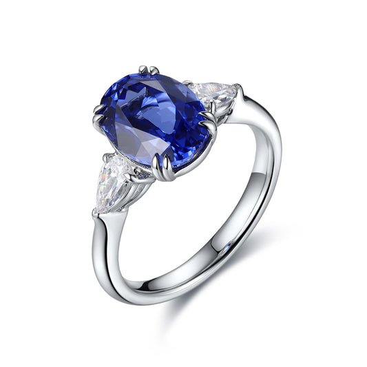 Oval Lab-Grown Sapphire Three-Stone Ring with Pear-Shape Lab-Grown Diamonds in 14 White Gold
