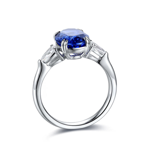 Oval Lab-Grown Sapphire Three-Stone Ring with Pear-Shape Lab-Grown Diamonds in 14 White Gold