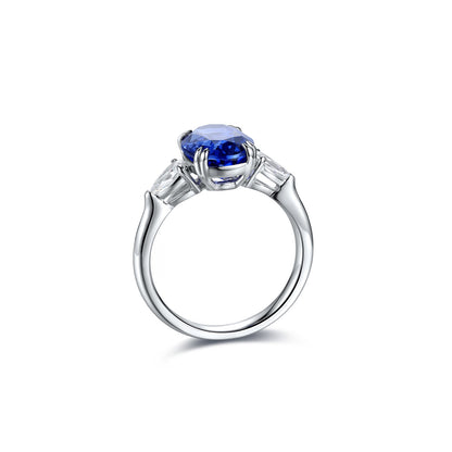 Oval Lab-Grown Sapphire Three-Stone Ring with Pear-Shape Lab-Grown Diamonds in 14 White Gold