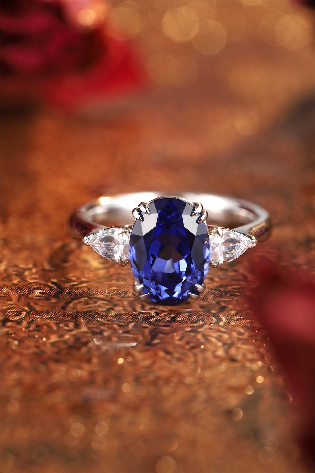 Oval Lab-Grown Sapphire Three-Stone Ring with Pear-Shape Lab-Grown Diamonds in 14 White Gold