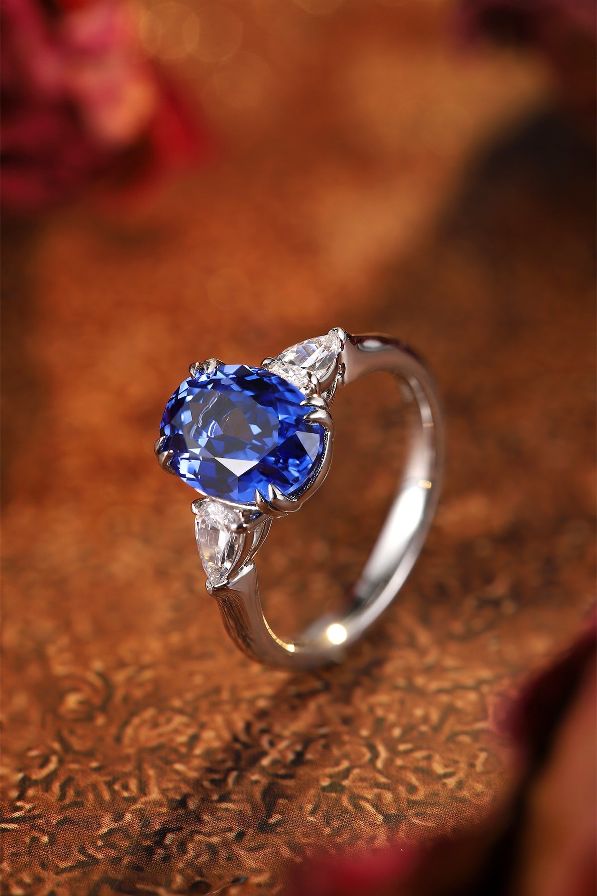 Oval Lab-Grown Sapphire Three-Stone Ring with Pear-Shape Lab-Grown Diamonds in 14 White Gold