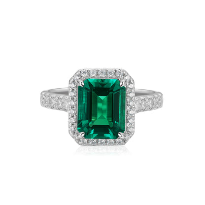 Oval Lab-Grown Emerald Halo Ring with Pavé Band in 14 White Gold