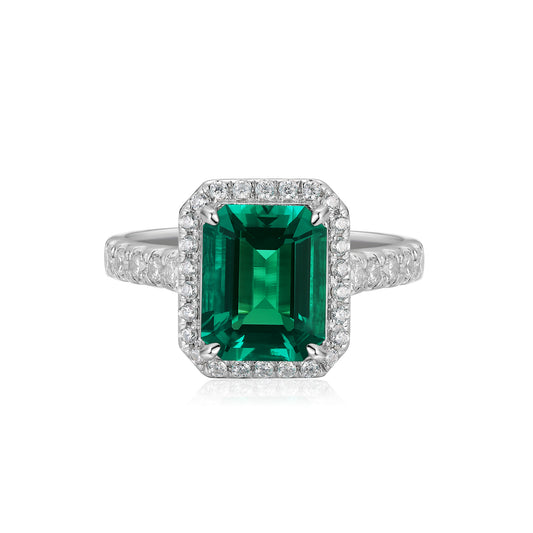 Oval Lab-Grown Emerald Halo Ring with Pavé Band in 14 White Gold