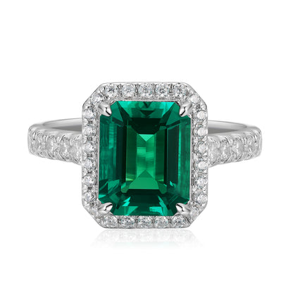 Oval Lab-Grown Emerald Halo Ring with Pavé Band in 14 White Gold