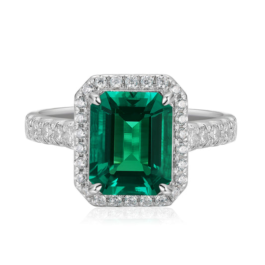 Oval Lab-Grown Emerald Halo Ring with Pavé Band in 14 White Gold