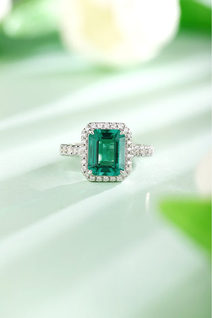 Oval Lab-Grown Emerald Halo Ring with Pavé Band in 14 White Gold