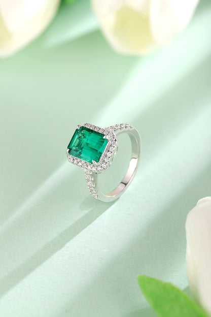 Oval Lab-Grown Emerald Halo Ring with Pavé Band in 14 White Gold