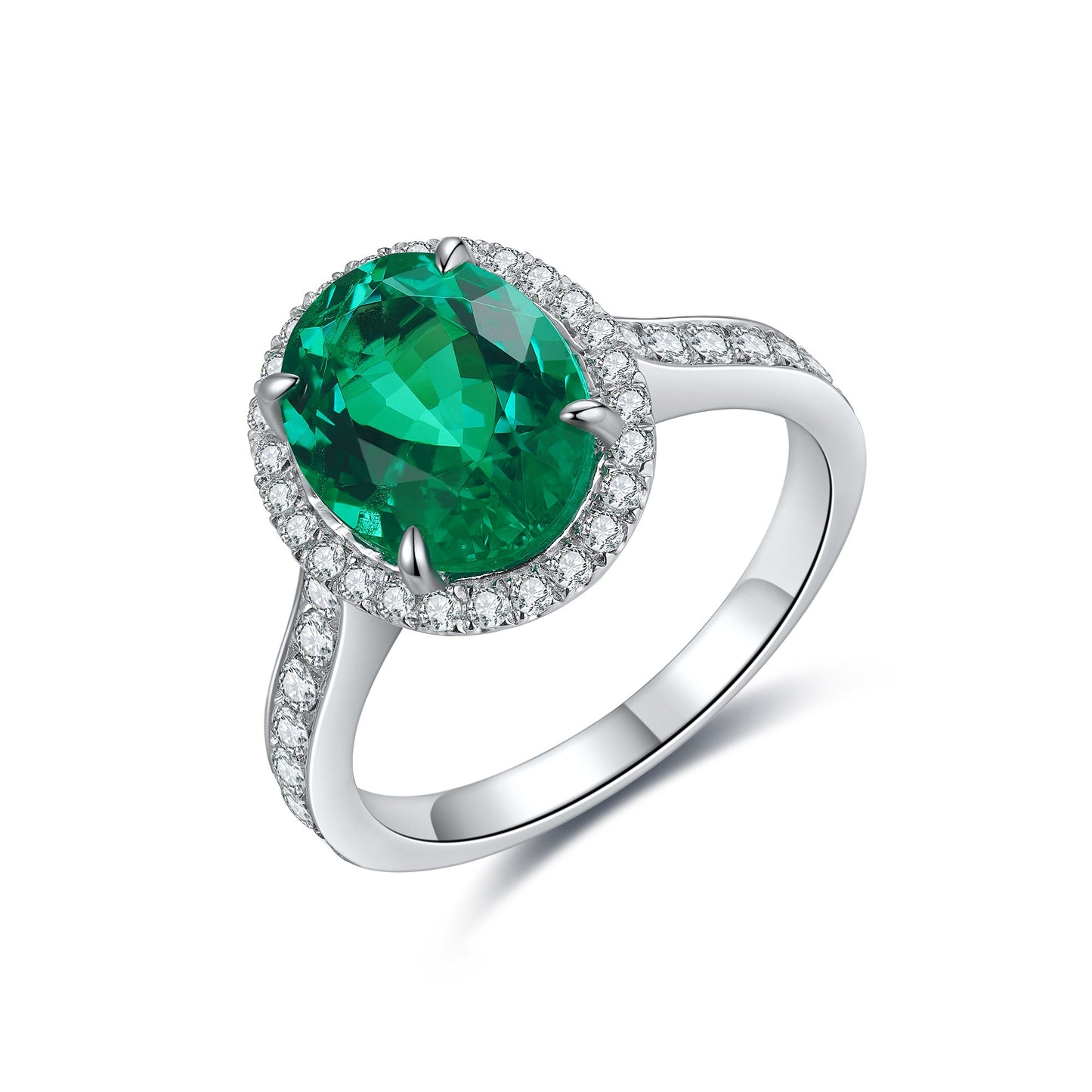 Oval Lab-Grown Emerald Halo Ring with Pavé Band in 14 White Gold