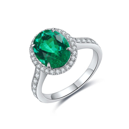 Oval Lab-Grown Emerald Halo Ring with Pavé Band in 14 White Gold