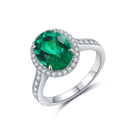 Oval Lab-Grown Emerald Halo Ring with Pavé Band in 14 White Gold