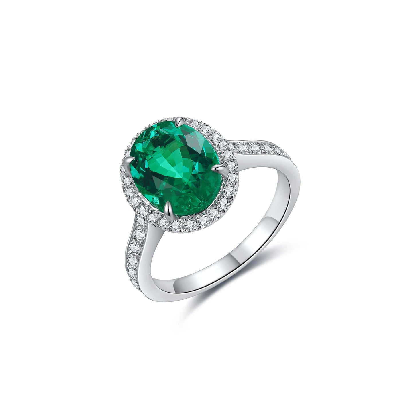 Oval Lab-Grown Emerald Halo Ring with Pavé Band in 14 White Gold